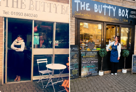 Charlotte outside The Butty Box shop in Carterton, Oxfordshire